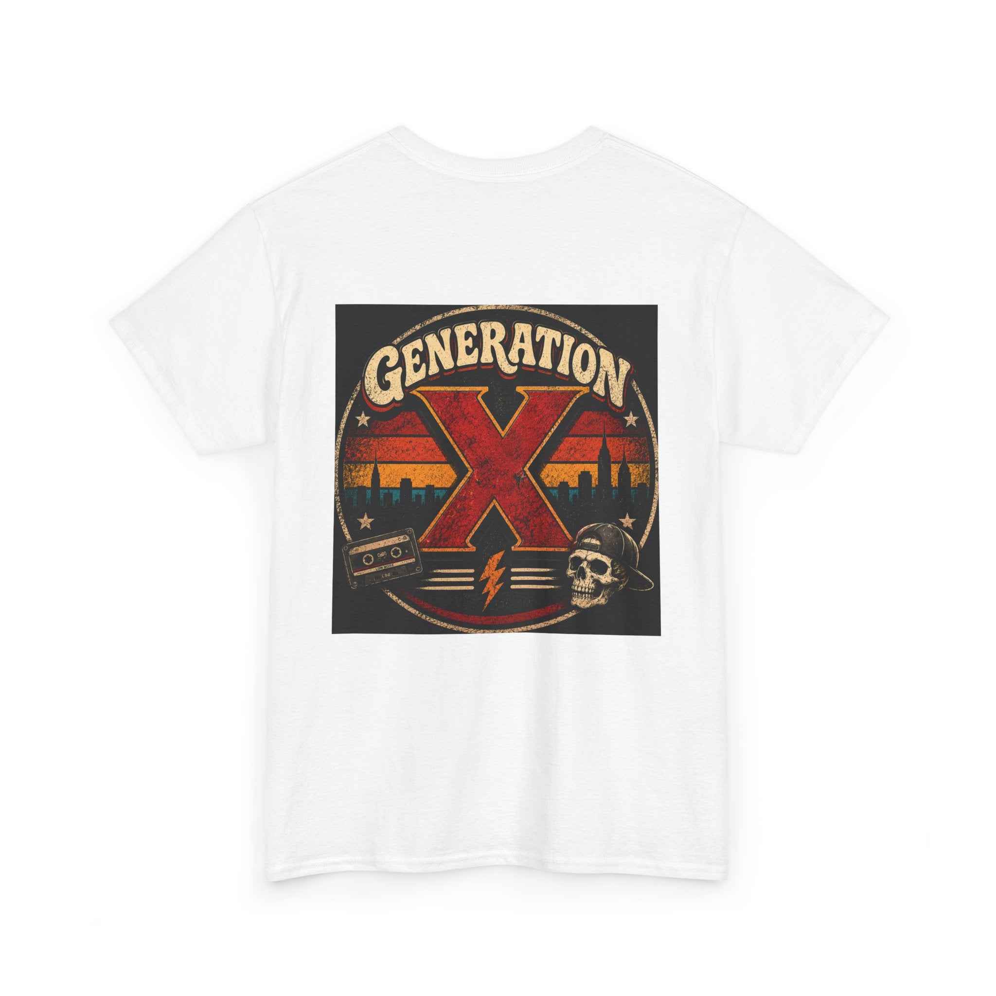 Generation X Vintage Graphic Tee — Retro Skull & Cityscape Shirt