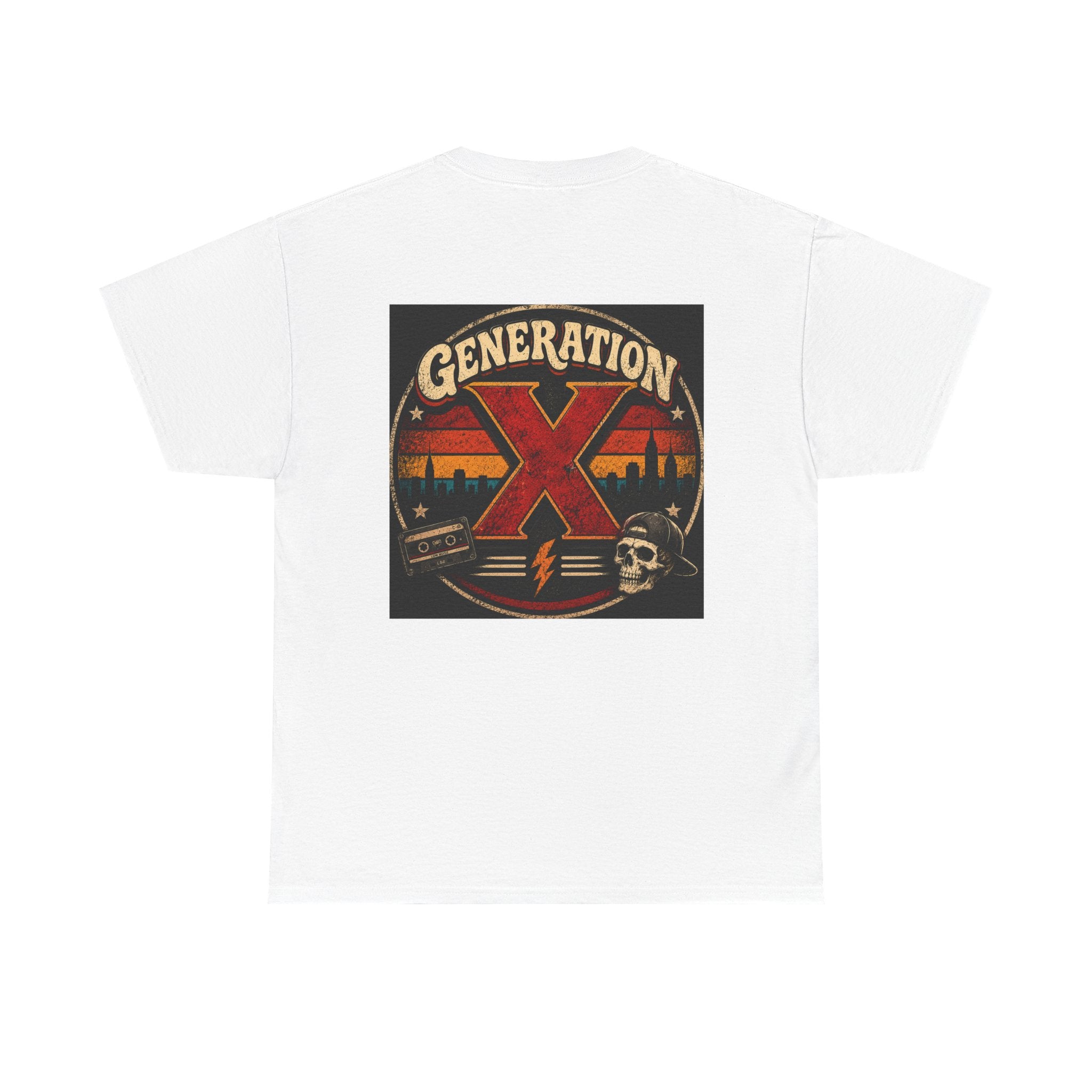 Generation X Vintage Graphic Tee — Retro Skull & Cityscape Shirt